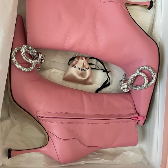 MACH & MACH Pink Leather Double Bow Crystal Bootie - Picture 11 of 11